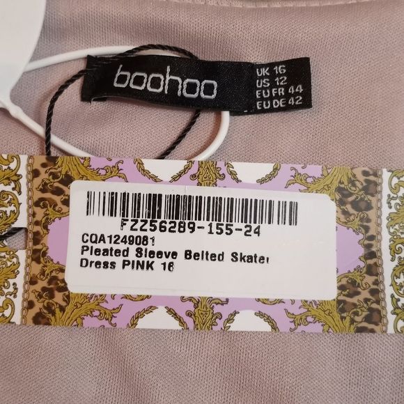 Boohoo Floral Print Belted Skater Dress Pleated Sleeve Size 12 Pink NWT - Picture 4 of 13